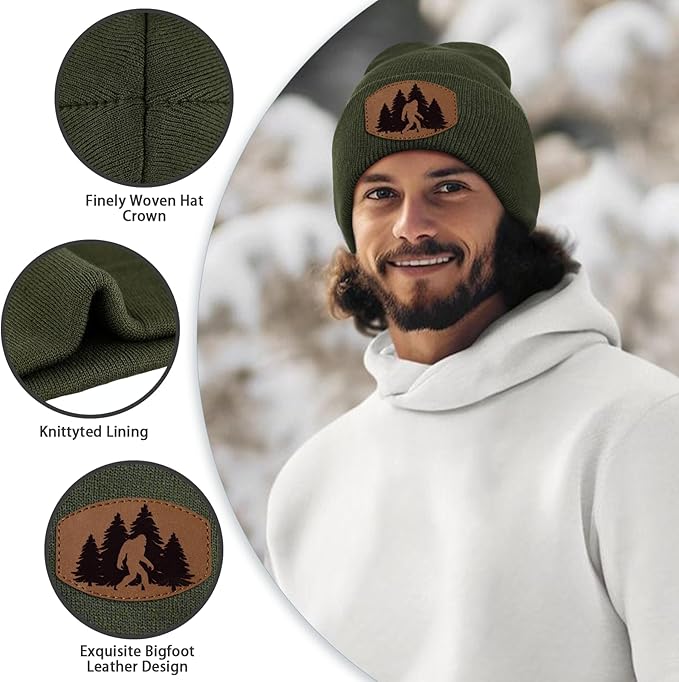 Big Foot Beanie Hat, Sasquatch Leather Patch Winter Knit Skull Cap Bigfoot Gifts for Adult Men Women