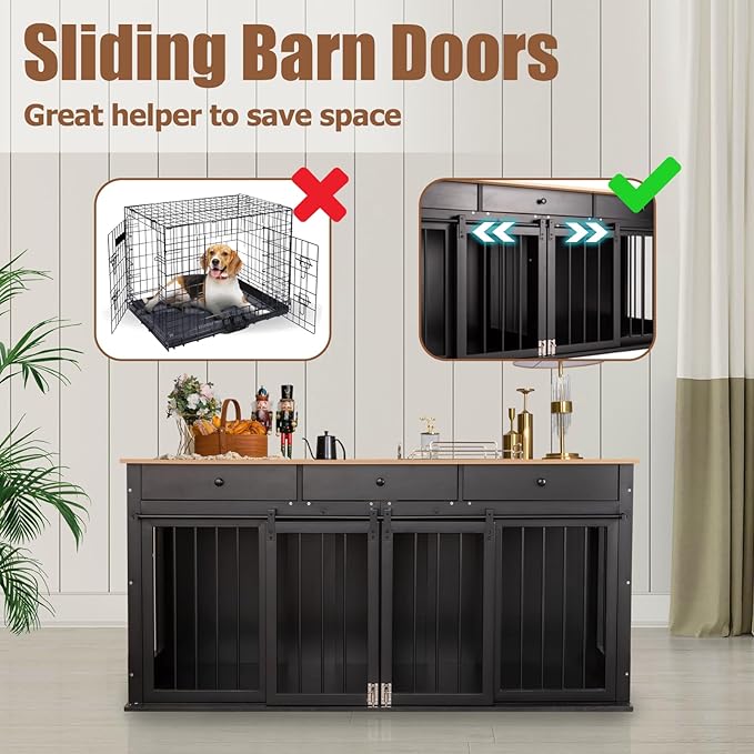 Sunseen Dog Crate Furniture Large Breed Wooden Dog Kennel with Room Divider & 3 Drawer,Black Double Doors Heavy Duty Dog Crate End Table Indoor TV Stand for Small Medium Large Dog,72''W*24''D*35''H