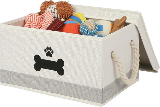 Collapsible Dog Toy Basket with Lid - Storage Bins for Toys, Organizer with Cotton Rope Handles - Beige & Gray