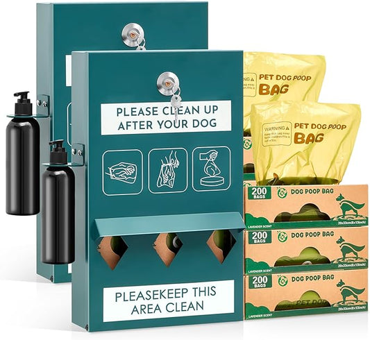 Abbylike 2 Set Outdoor Dog Bag Storage Dispenser with Bags and Hand Sanitizer Bottle Green Poop Station Wall Mounted Dog Waste Container for Pet Waste Wall Home Porch Lawn Yard Fence