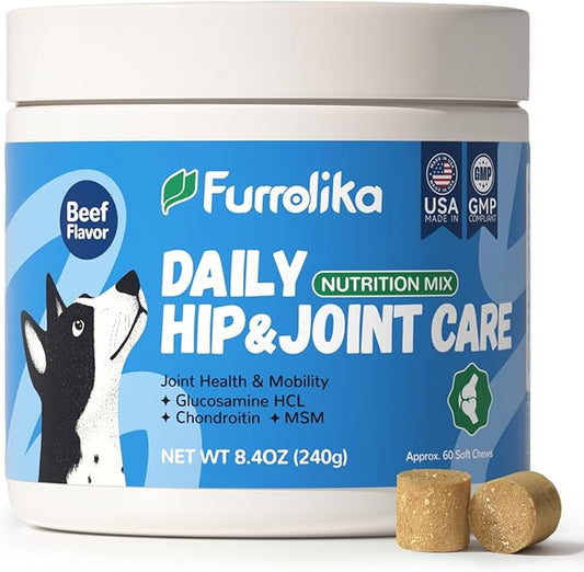 Furrolika Hip and Joint Supplement for Dogs – Made in The USA – Glucosamine, Chondroitin, MSM, Vitamin C – Chewable Joint Support for Mobility & Comfort – Beef Flavor – 60 Soft Chews