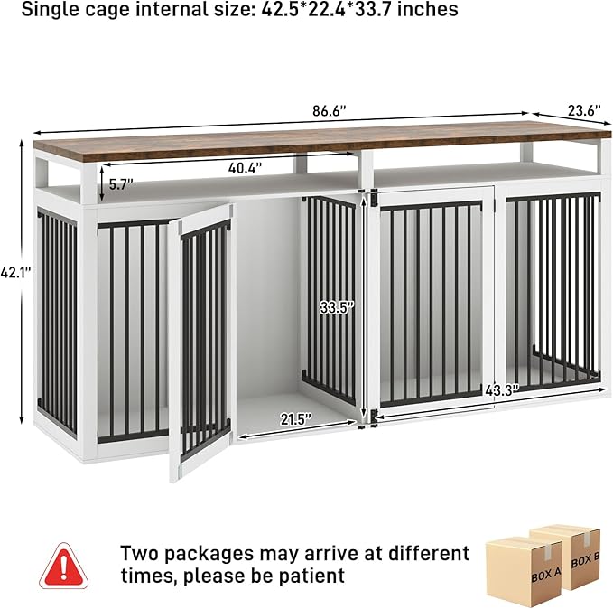 87In Farmhouse Dog Crate TV Stand, Wooden Dog Kennel Furniture with 2 Doors, Large Dog Crate Furniture for 2 Dogs, Solid Metal Tube & 4 Lockable Doors, White