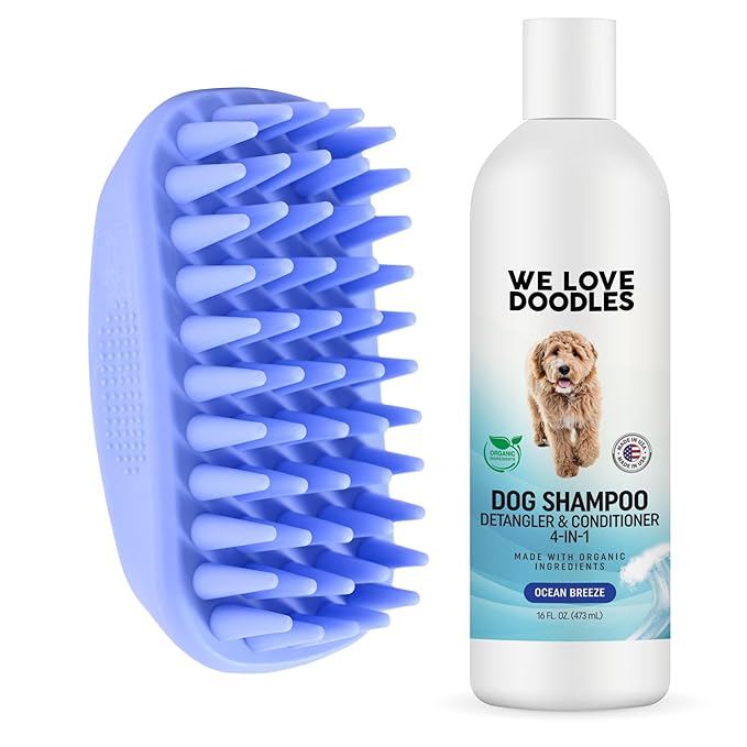We Love Doodles Pet Rubber Bath Brush and Dog Shampoo (Bundle) - for Shower Scrubbing & Soothing Massage and Organic Dog Shampoo, Conditioner & Detangler - Made in The USA