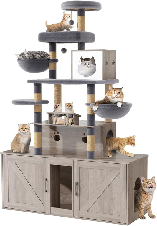 Cat Tree with 2 Litter Box Enclosures, All-in-One Cat Tower, Cat Condo with Sisal Scratching Posts, Hammocks, Detachable Plush Ball, Wooden Cat Furniture with Large Platforms, Grey