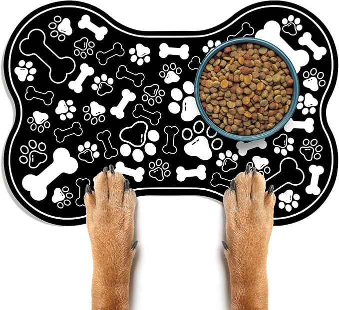 Dog & Cat Food Mat Bone Shaped Pet Feeding Mat Quick Absorb Water Bowl Placemat with Rubber Backing Indoor Floor Stain Resistant Pet Accessory Supplies (Black Small, 12x18 Inches)