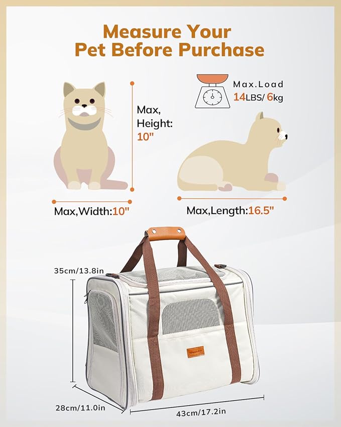 Morpilot Cat Carrier - Soft Sided Cat Carrier Large for Big Medium Cats and Puppy up to 18lbs, Pet Carrier with Safety Zippers, Foldable Bowl, Airline Approved Large Dog Carrier - Beige