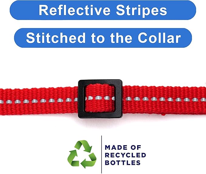 Pawtitas Recycled Cat Collar with Reflective Stitched and Safety Buckle Removable Bell Reflective Cat Breakaway Collar Made from Plastic Bottles - Red Chili Cat Collar.