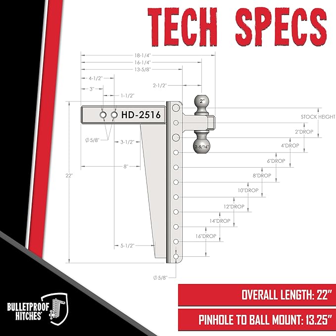 BulletProof Hitches - 2.5" Adjustable Heavy Duty Trailer Hitch (22,000 lb. Rating) - 16" Drop/Rise Trailer Hitch with 2" & 2-5/16" Dual Ball - Powder Coat, Solid Steel, Corrosion-Resistant