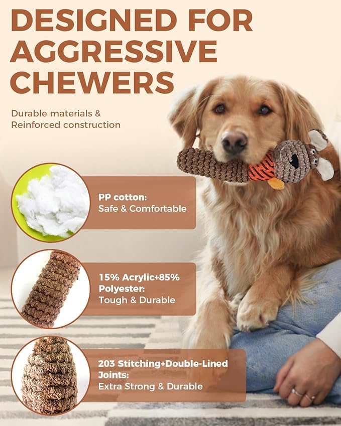 Squeaky Dog Toys for Small Dogs, Interactive Dog Plush Toy for Aggressive Chewers, Tough Chew Gifts for Puppy Teething to Keep Them Busy and Relieve Boredom (Brown Dog)