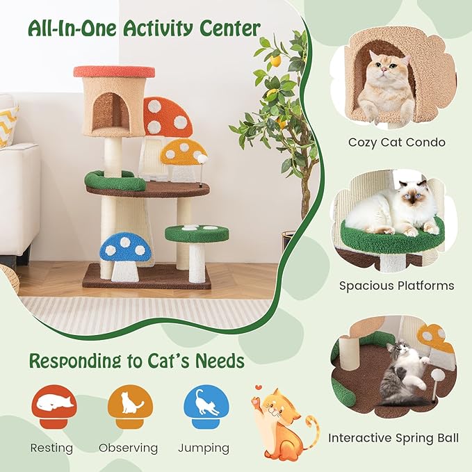Tangkula Mushroom Cat Tree, Cute Cat Tower with Full-Wrapped Sisal Post, Scratching Board & Spring Ball, Cat Condo, Flower Cat Tree Tower for Indoor Cats Large Adult (40.5 Inch)