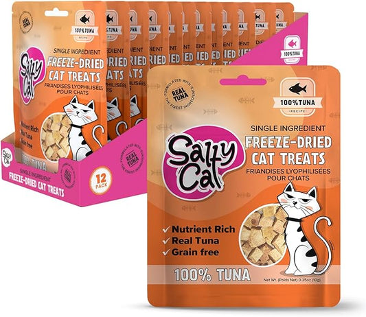 Salty Cat Freeze Dried Cat Treats, 100% Real Tuna Freeze Dried Cat Food for Freshness, Single Ingredient & Grain Free Kitten Treats, Nutrient Rich, 10g (12 Pack)