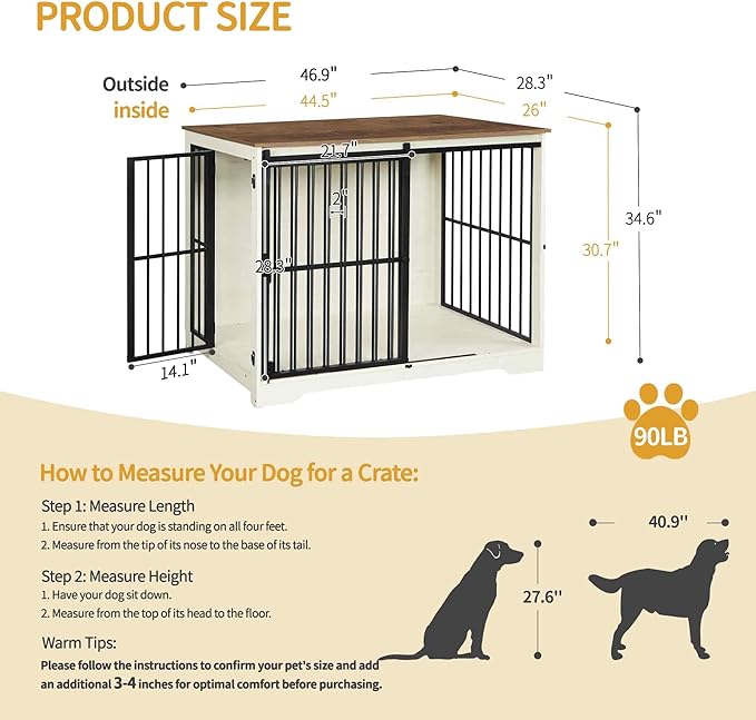 XXL Large Dog Crate Furniture, 46.9" Indoor Dog Kennel Furniture with Barn Door, Wooden Tall Dog Crate, Heavy Duty Dog Cage for Large Dogs, Side End Table, Anti-Chew, White Brown DFC83814B