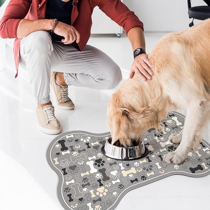 Dog & Cat Food Mat Bone Shaped Pet Feeding Mat Quick Absorb Water Bowl Placemat with Rubber Backing Indoor Floor Stain Resistant Pet Accessory Supplies (Gray, 17x29 Inches)