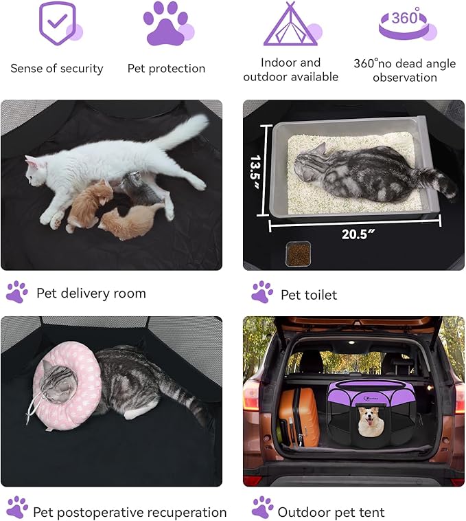 Dog Playpen, Puppy Pet Playpen, Dog Crate Tent Cage Indoor/Outdoor, Portable Pop Up Dogs Kennel Playpen with Carrying Case for Dogs/Cats/Rabbits, Purple, Medium