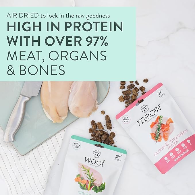 The New Zealand Natural Pet Food Co Meow e - Chicken & King Salmon Recipe, Dry Cat Food Use as a Complete Diet, Topper, Mixer, or as Cat Training Treats, All Life Stages, 3.5 oz