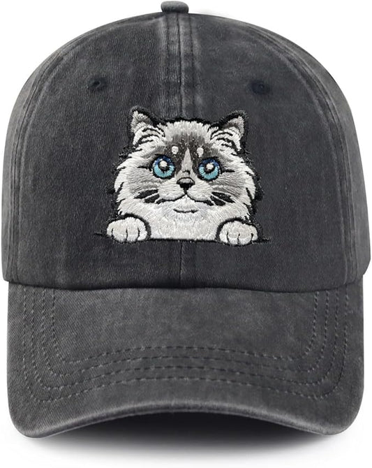 Black Cat Hat,Ragdoll Cat Embroidered Adjustable Cotton Baseball Cap for Men Women,Gifts for Cat Lovers