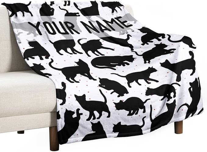 Personalized Cat Blanket Gifts with Name - 40"x50" Cute Throw Blanket for Adults Kids - Black Soft Plush Throws for Bed, Couch & Travel