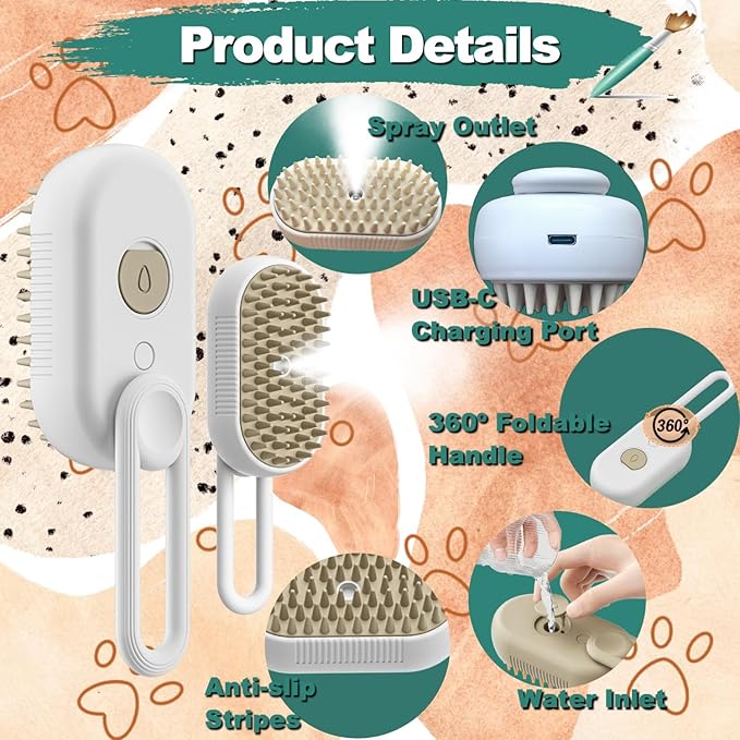 SteamCat 3 in 1 Cordless Cat Grooming Brush, Built-in Lithium Battery, Silicone Massaging, Removes Static & Pet Hair, for Cats & Dogs (White)