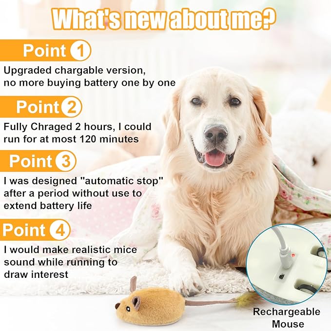Mity rain Interactive Dog Toys, Fake Mouse Moving Dog Toy with Automatic Sensor, Dog Mouse Toy with Realistic Sound & Extended Tail, Automatic Dog Toy for Cats Dogs Pet, Squeaky Dog Toys Yellow