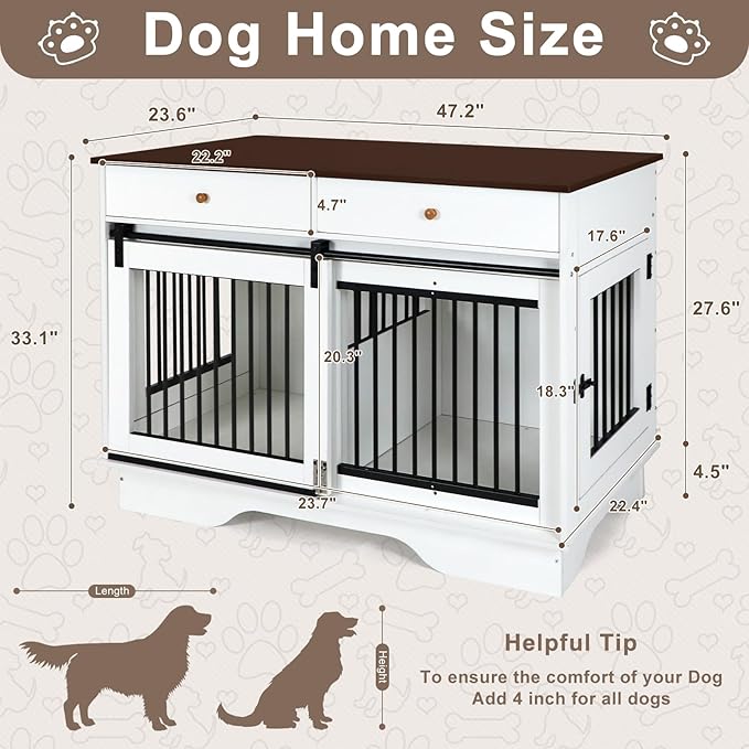 Dog Crate Furniture for 2 Dogs, Dog Kennel with 2 Storage Drawers & Divider, Large Double Dog Cage As TV Stand, Furniture Style Dog Crates with Sliding Barn Door (Brown & White)
