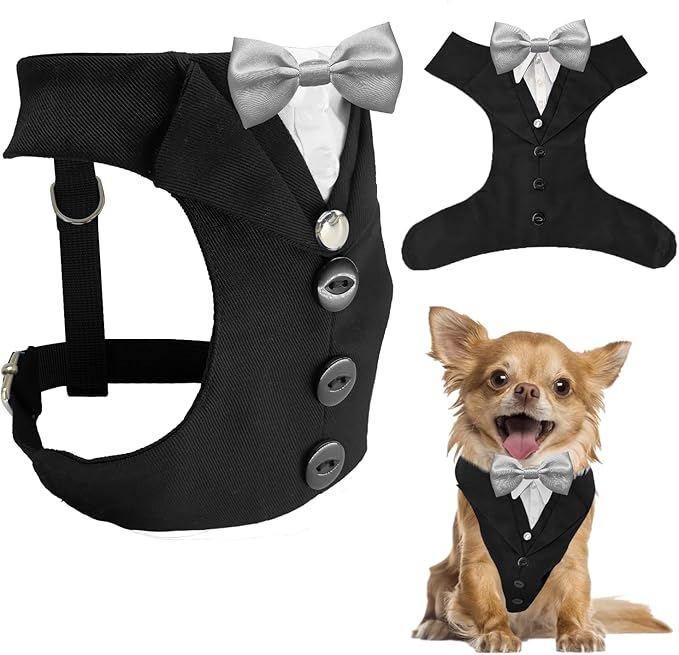AVERYDAY XS Pet Tuxedo Harness, Wedding Costume Outfit for Small Dogs, Slim Cats and Tiny Pets with 8.3" Neck, 13-14.6" Chest, 8.5" Max Head Girth, Formal Suit Costume for Mini Breeds