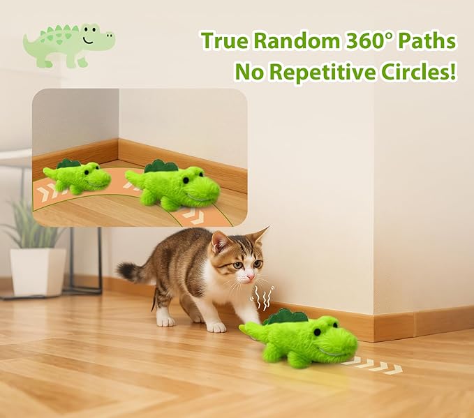 Interactive Cat Toys for Indoor Cats - Self-Charging Croc Chase Toy with 360° Motion, Wagging Tail & Catnip, Automatic Exercise Toy for Bored Kittens/Adults(Long Plush)
