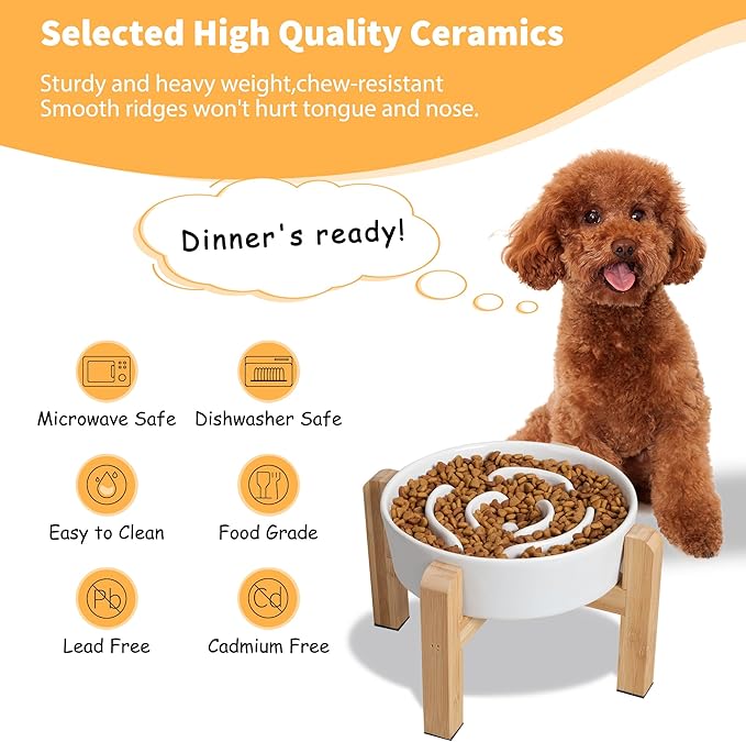 Elevated Slow Feeder Dog Bowl - Ceramic Maze Food Dish with Bamboo Stand - Raised Feeding Bowl for Fast Eaters - Ideal for Small and Medium Dogs - White - 6.7 inch