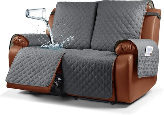 Ruaozz Waterproof Recliner Sofa Cover 1-Piece Couch Covers for Reclining Couches Reclining Sofa Cover Washable Furniture Protector with Elastic Straps Pocket for Kids, Pets (Dark Grey, 2 Seater)