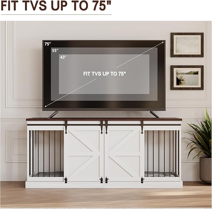 Dog Crate Furniture - Indoor Wooden Dog Kennel with Room Divider and Double Sliding Barn Doors - 71”x23.6”x31.5”H, White