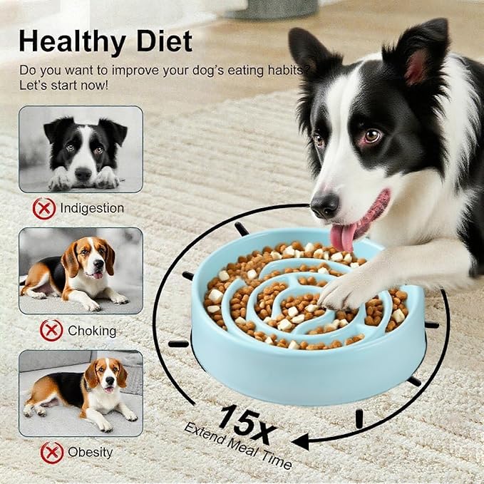 Ceramic Slow Feeder Dog Bowls with Anti-Slip, Slow Feeder & Non-Slip Design, Boredom and Anxiety Reducer, Suitable for All Breed Dogs and Cat (Ceramic-Blue)