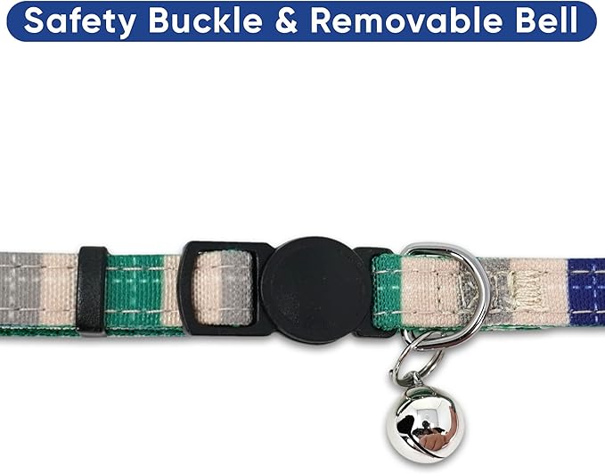Pawtitas Multicolor Cat Collar Kitten Collar with Safety Buckle and Removable Bell - Blue/Grey/Beige/Green