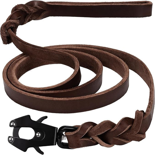 GEIT 4/5/6FT Leather Dog Leash, Heavy Duty Dog Training Leashes, Genuine Leather Braided Leash with Quick Release/Locking Tactical Frog Clip for Medium and Large Dogs