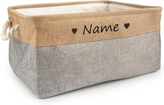 Personalized Dog Toy Box, Dog Toy Basket Storage with Cotton Handle, Customized Name and Paw Heart Print Puppy Toy Bin for Organizing Food Clothes and Pets Accessories(Heart Gray)