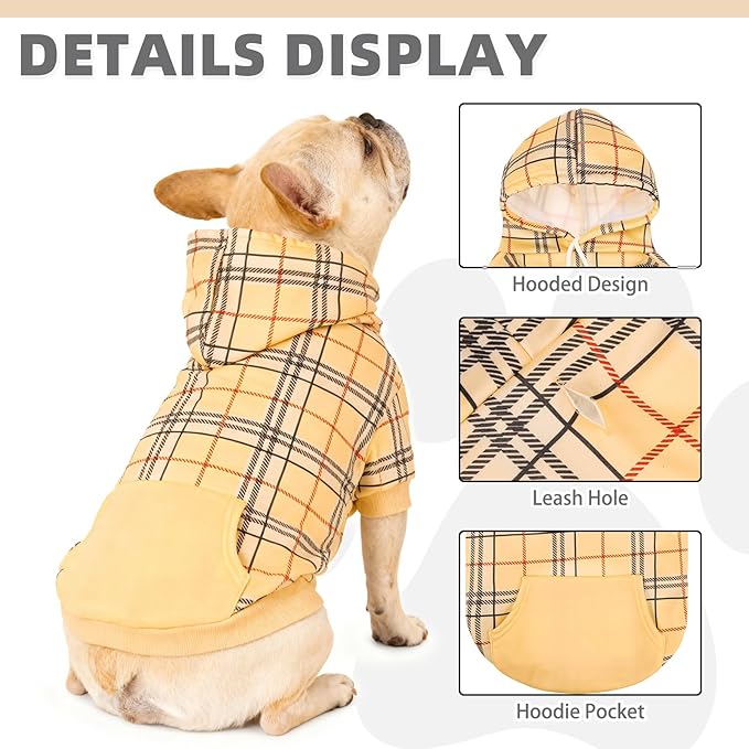 KOOLTAIL Plaid Dog Hoodie for Small Medium Large Dogs,Pet Clothes Sweater with Hat and Pocket for Cold Weather Winter, Soft&Warm Doggy Hooded Sweatshirt Coat Outfit for Puppy Cats Girls Boys Beige M