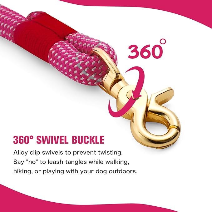 Nylon Rope Dog Leash Reflective, Handmade Braided Strong Dog Lead, Heavy Duty Rope Leash for Medium Large Dogs (5 FT - 3/5" Rose Red)