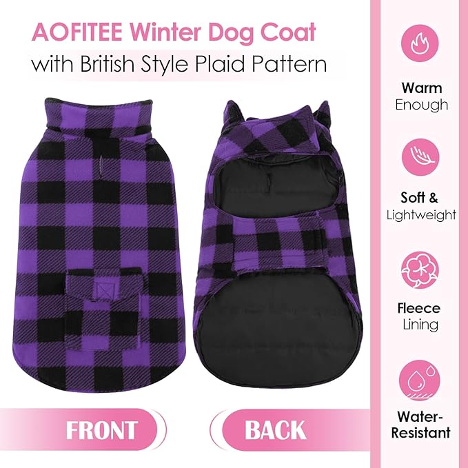 AOFITEE Dog Coat Plaid Dog Winter Coat for Large Dogs, Warm Dogs Jacket Christmas Sweater, Waterproof Pet Puffer Jacket, Reversible Pet Cold Weather Coats for Small Medium Large Pets, Purple XL