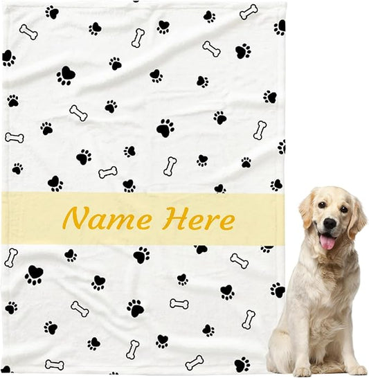 Custom Pet Name Personalized Dog Blanket, Puppy Gift for Dog Lovers - Soft Flannel Throw Blanket with Cute Dog Paw Prints, 80"x60" for Adults
