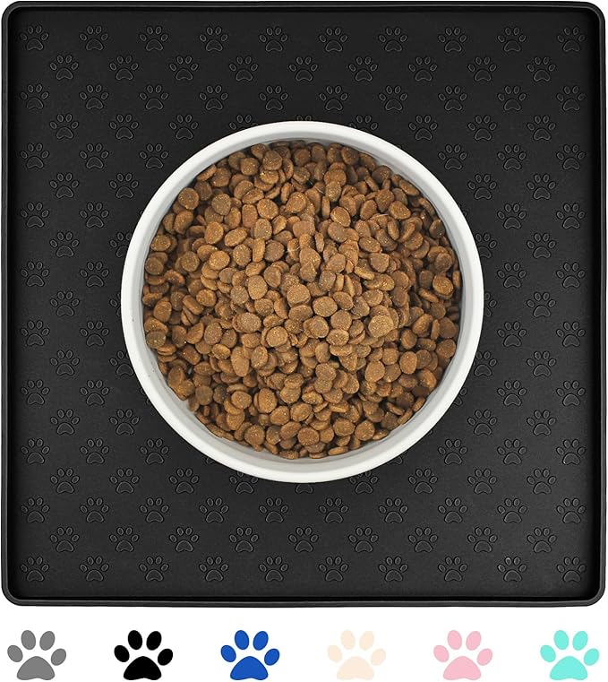 Ptlom Pet Placemat for Dog and Cat, Waterproof Non-Slip Silicone Feeding Bowl Mat Prevent Food and Water Overflow, Puppy Dish Feeder Fountain Trays Suitable for Medium and Small Pets, Black