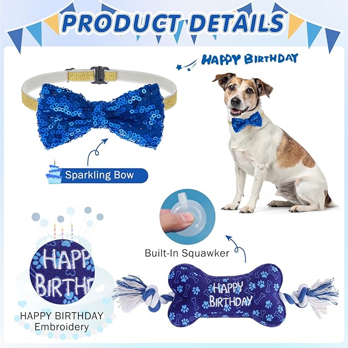 SCENEREAL Dog Birthday Party Supplies, Dog Birthday Bandana Hat Toy Bow Tie Collar Set with Birthday Numbers, Pet Birthday Scarf Accessories Outfit Decorations for Boy Girl Medium Large Dogs, L