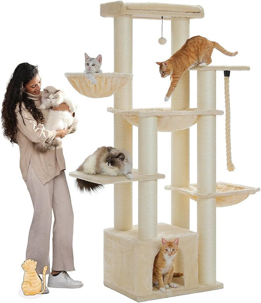 Large Cat Tree-67in Tall Cat Tower for Indoor Cats Large Adult with 13 Thick Sisal Scratching Posts (φ4.3in), Multi- Level Cat Condo, Super Big Perch & Hammocks for Maine Coon 20 lbs -Beige