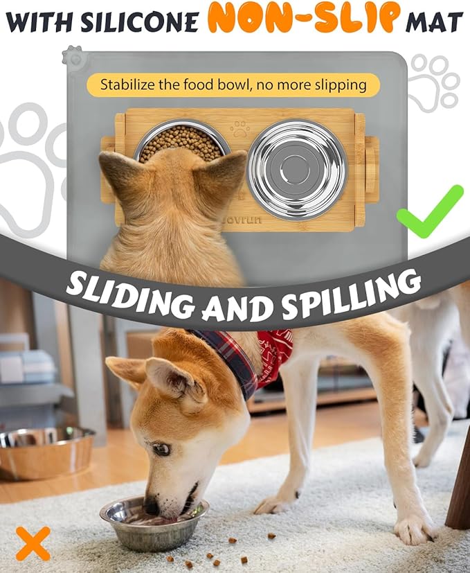 Elevated Dog Bowls, Adjustable Raised Dog Bowl Stand for Small Size Dogs and Cats, Durable Bamboo Dogs Feeder with 2 Stainless Steel Bowls and Non-Slip Feet, Pet Food Bowl with Mat