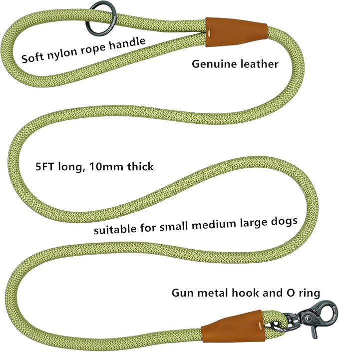 5FT Nylon Rope Dog Leash, Short Leash for Training Small Medium Large Dogs (Lime Green, 5FTx10MM)