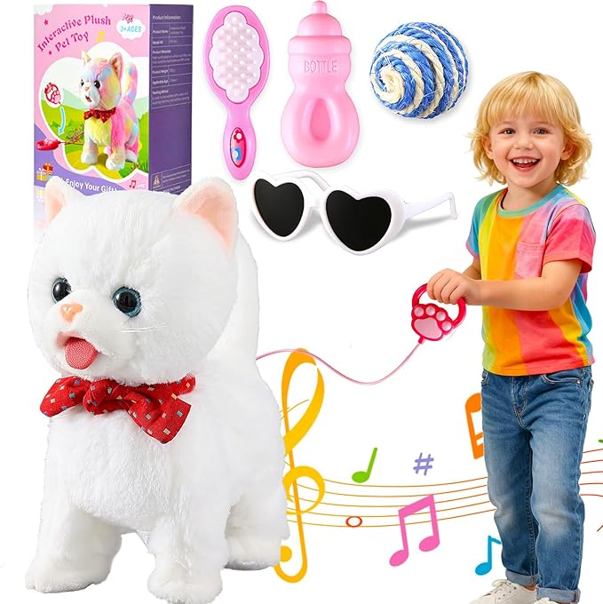 White Leash Walking Cat Set Toy Interactive Talking Cat Singing Dancing Kitten Mimicking Repeat What You Say Kitty Touch and Voice Control Nodding Wagging Tail Plush Electric Robot for Kid Girl