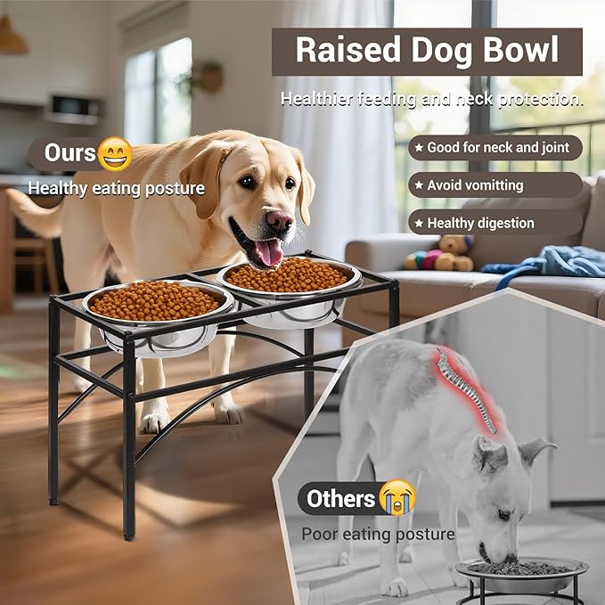 Funkeen Elevated Dog Bowls Raised Pet Feeder Cat Food & Water Diner Stand Set w/ 2 Removable Stainless Steel Bowls (2 Quarts/13.77" in Height)