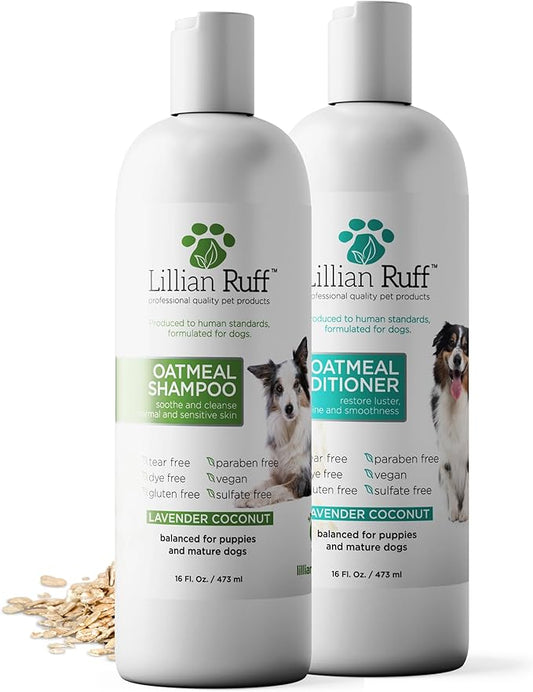 Lillian Ruff PRO Formula Deodorizing Oatmeal Dog Shampoo & Conditioner Set - Calm Itching & Allergies, Ultra-Nourishing Dry Skin Relief - Oatmeal, Aloe, Coconut Oil, Lavender & Provitamin B5, USA Made