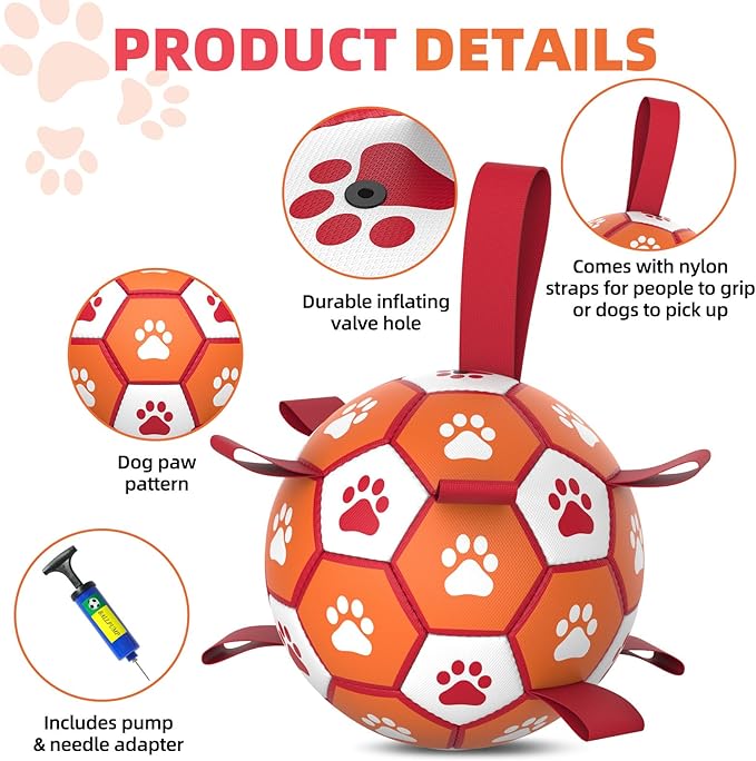 Diman Dog Soccer Balls Toys: Dog Balls with Straps for Indoor Outdoor Play, Pet Toys Balls for Small Medium, Doggie Birthday Gift, Interactive Pet Toy for Tug of War (7 inch)
