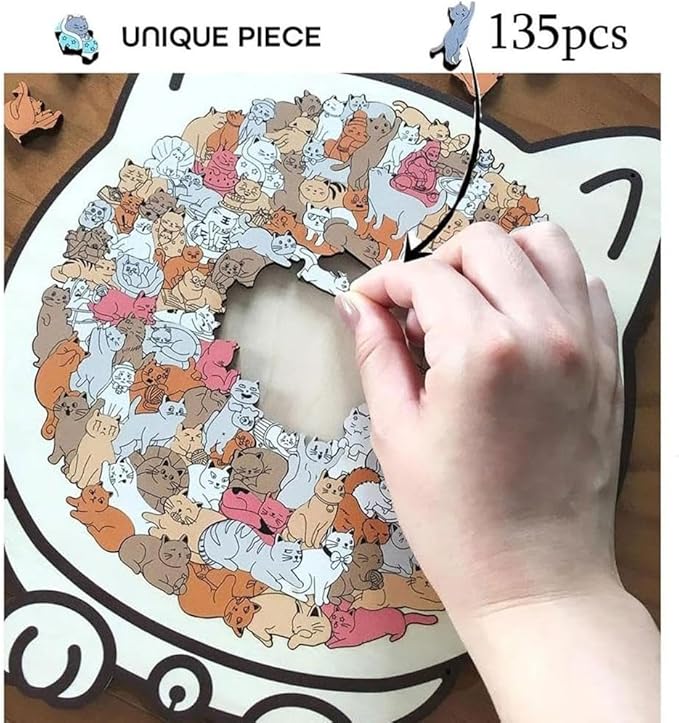 135-Piece Cat Shaped Wooden Jigsaw Puzzle - Mailard/Macaron/Wooden/Morandi-Colored Wood Puzzle, Cute Animal Cats Wood Puzzles Gift for C-at Lovers Home & Relaxation (Macaron)
