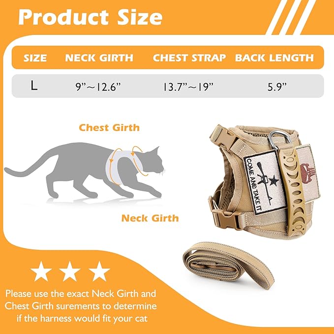 Tactical Cat Harness and Leash Set for Walking Escape Proof, Adjustable Large Cat Vest Harness with Molle Patches, Soft Mesh Padding, Rubber Handle Easy to Control Khaki