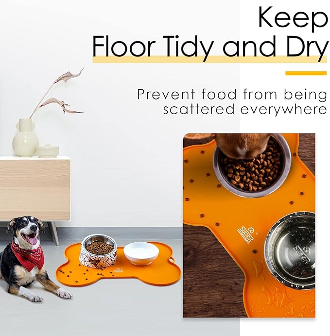 Dog Food Mat Dog Bowl Mat for Food and Water Silicone Non Spill Cat Feeding Mat Puppy Placemat Waterproof - 20.5" x 14.5", Orange