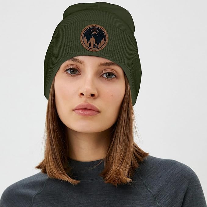 Big Foot Beanie Hat, Sasquatch Leather Patch Winter Knit Skull Cap Bigfoot Gifts for Adult Men Women